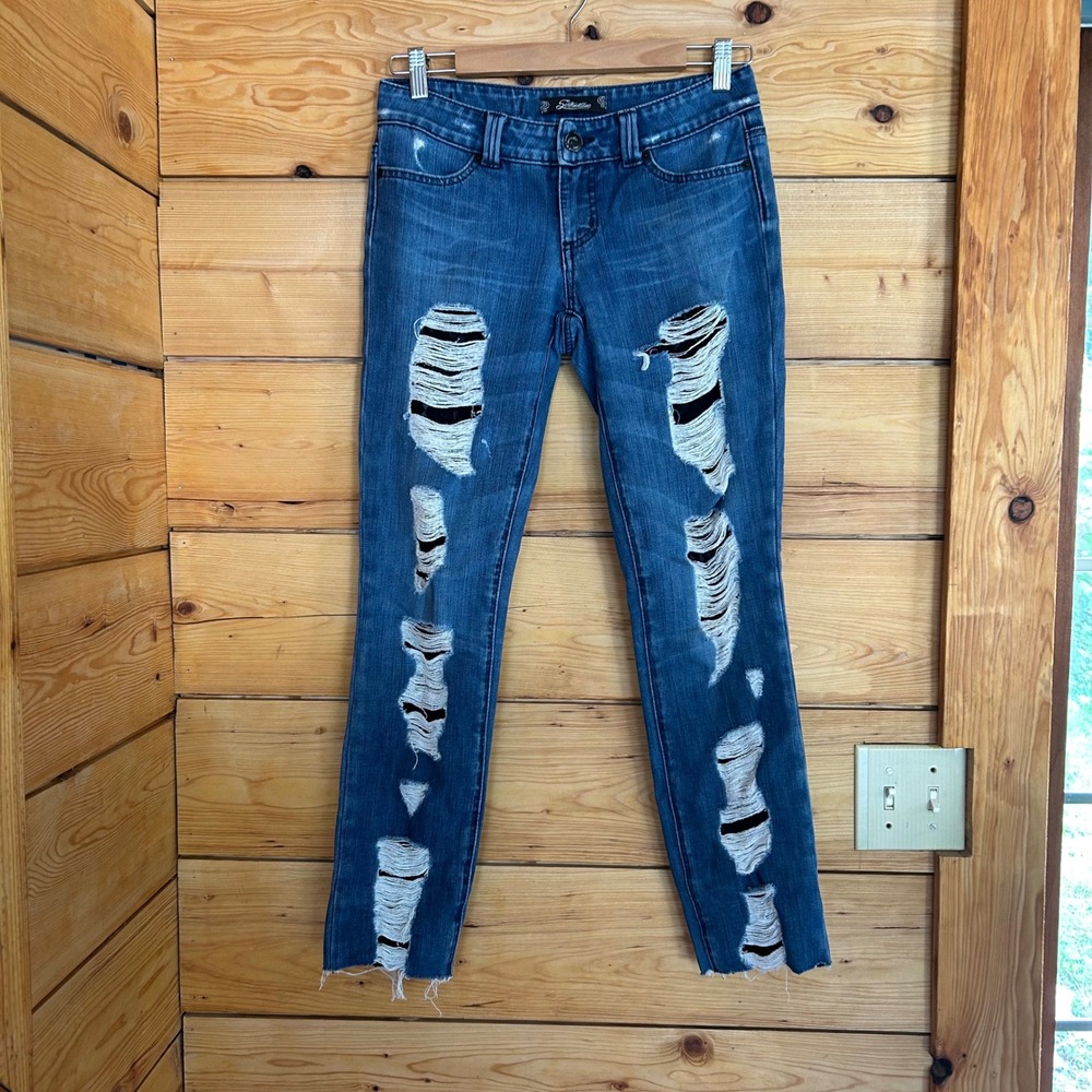 Distressed Lace Underlay Jeans Women 26 Blue Y2K Shredded Grunge Serfontaine